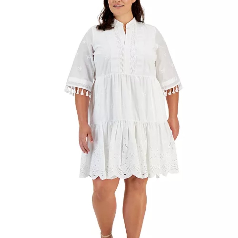 Tahari
Plus Size Eyelet Tasseled-Sleeve Tiered Dress